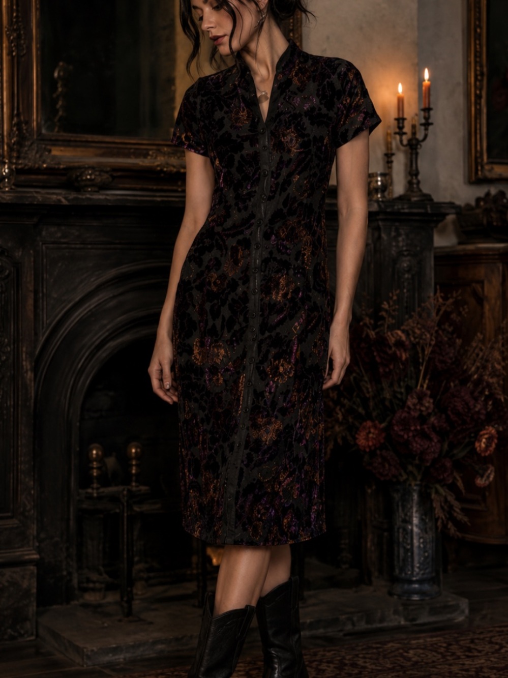Evan Picone Vintage Burnout Velvet dark academia style Midi Dress